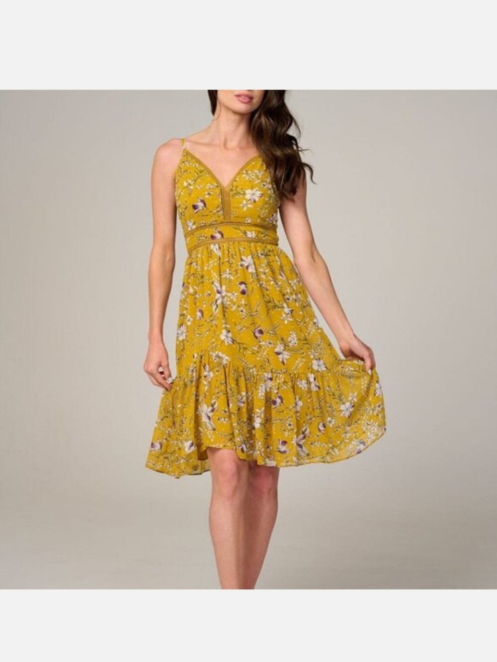 Minuet Petite Mustard Floral Spaghetti-Strap Mini Dress